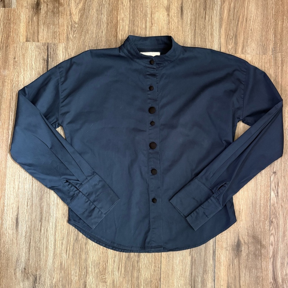 Womens Navy Button-Down Band Collar Shirt
